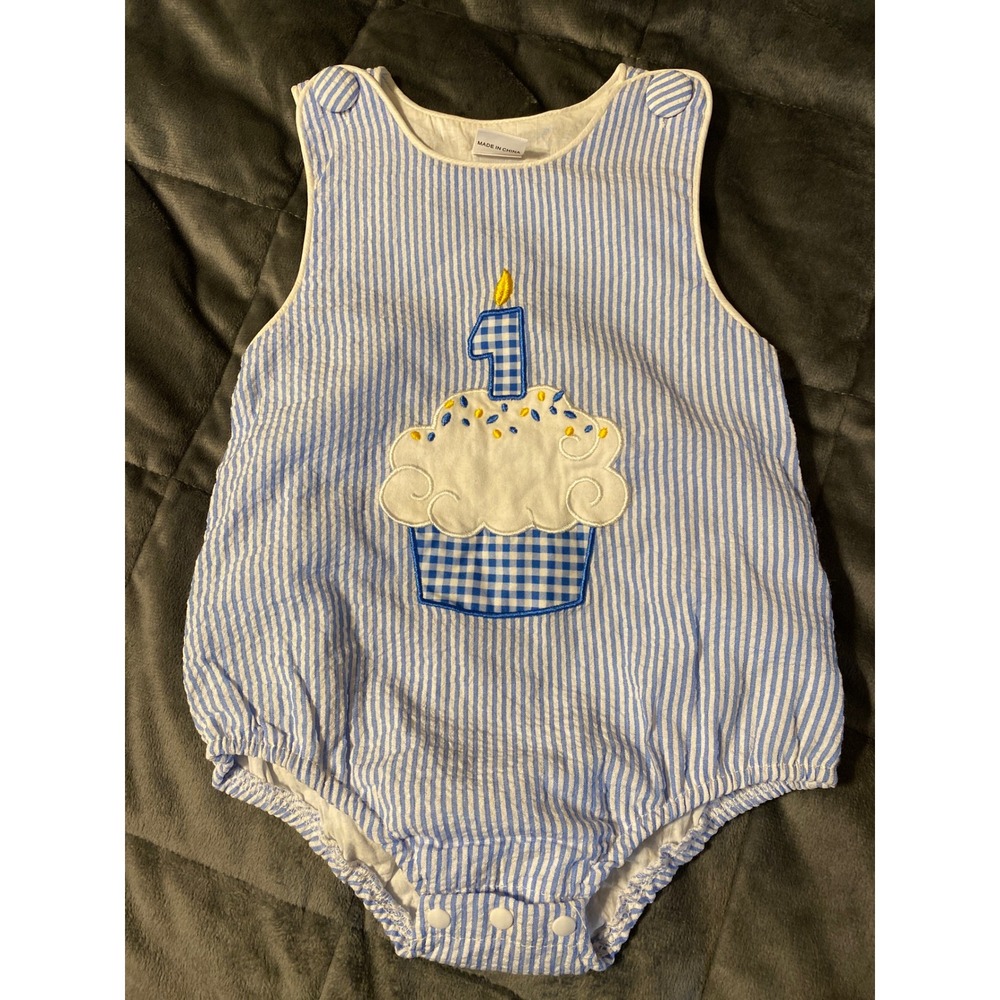 Blue Seersucker 1st Birthday Cupcake Bubble Romper 12-18M 0668